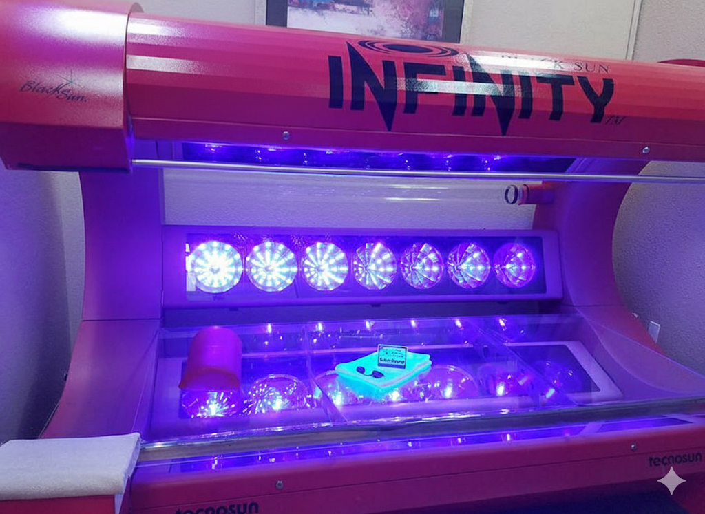 Tanning bed at Tropitana Tanning salon in Delafield WI with UV lights glowing