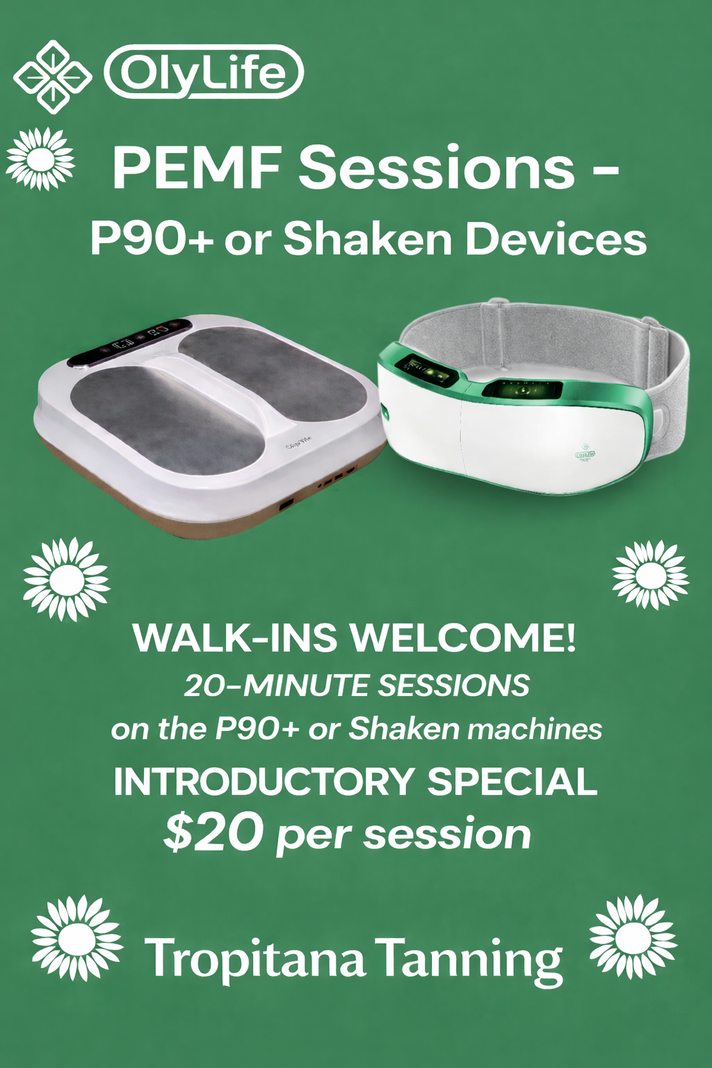 PEMF wellness therapy sessions at Tropitana Tanning salon Delafield WI - OlyLife P90+ and Shaken devices